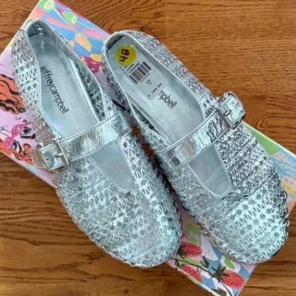 Jeffrey Campbell Mary Jane Shelly Flats Silver Perforated Leather Buckle 6 - Picture 1 of 4